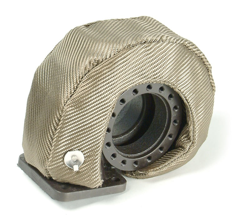 DEI Turbo Shield T4 titanium turbo blanket shield showing heat-resistant material and mounting edges for turbocharger protection.