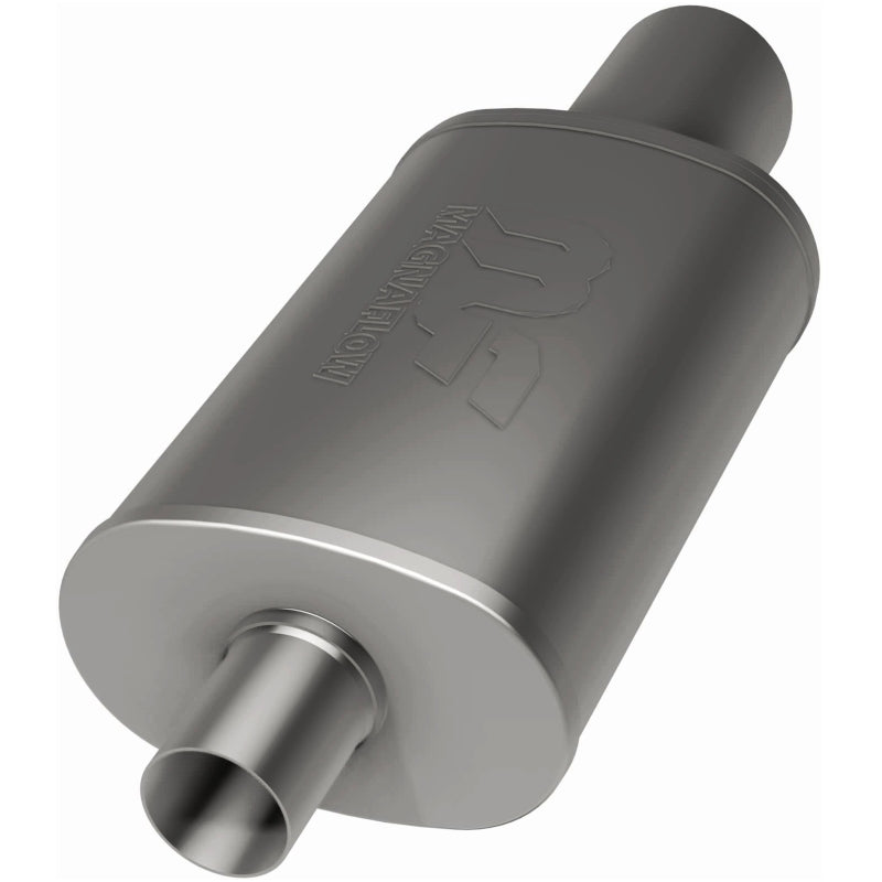 MagnaFlow stainless steel muffler with tip, 14x5x8 inches, featuring dual inlet and outlet pipes for vehicle exhaust system.