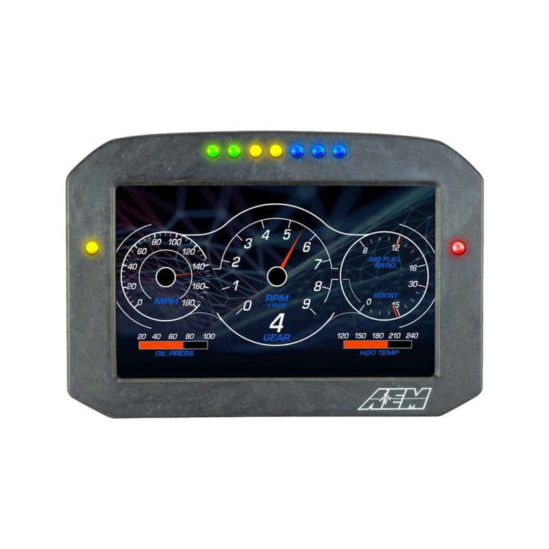 AEM CD-7G Carbon Flush Digital Dash Display gauge with internal 20Hz GPS and antenna, showing digital readouts on a sleek black gauge.