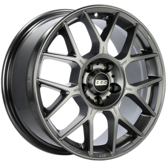 BBS XR 18x8 cast wheel with 5x112 bolt pattern, 44mm offset, 82mm bore, gloss platinum finish, and PFS/clip requirement