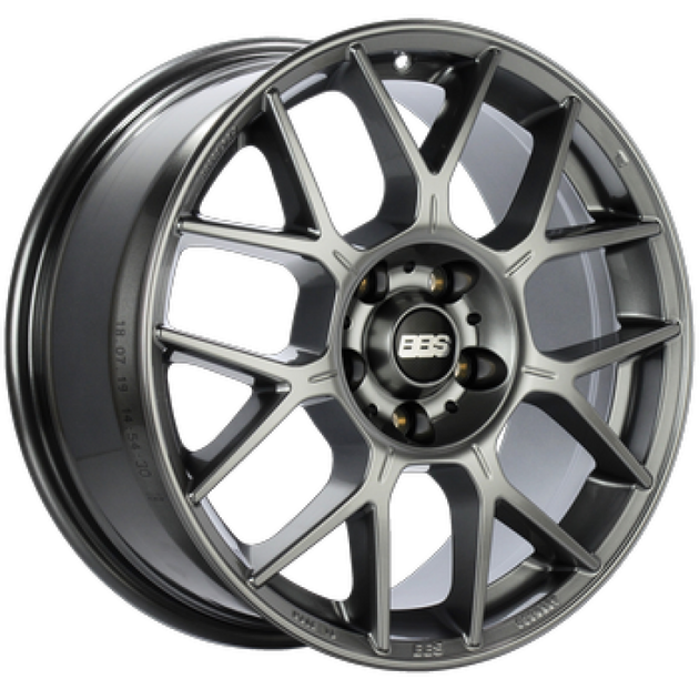 BBS XR 18x8 cast wheel with 5x112 bolt pattern, 44mm offset, 82mm bore, gloss platinum finish, and PFS/clip requirement