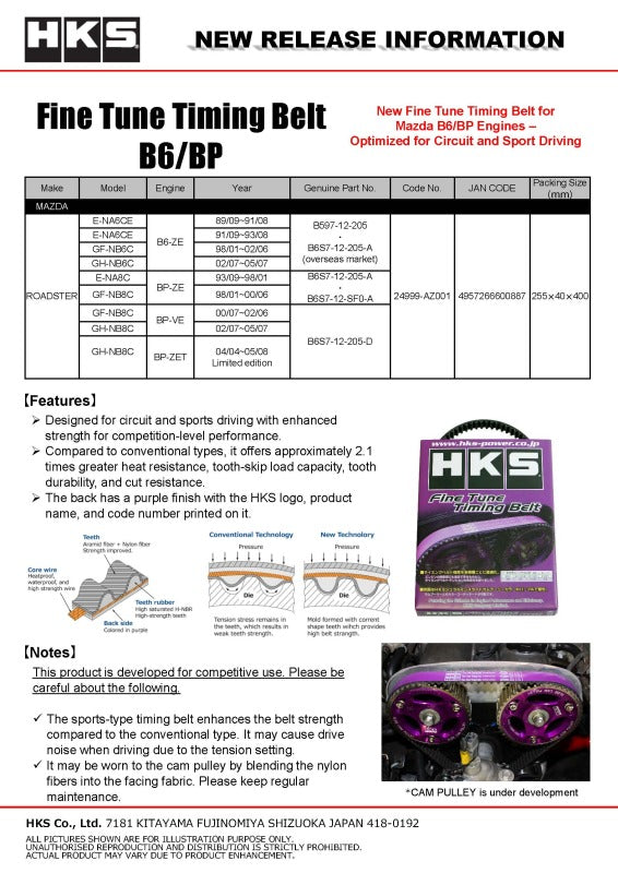 HKS fine tune timing belt for Mazda MX-5 B6-ZE engine, automotive accessory replacement belt with detailed components visible.