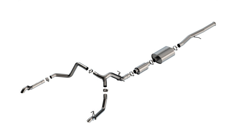 Borla cat-back exhaust system for Chevrolet Silverado 1500 ZR2 & AT4X 6.2L with 147.5-inch wheelbase, showing polished stainless steel pipe.