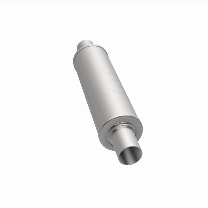 MagnaFlow Mag SS muffler with 14x4x4 inches size and dual inlet/outlet design, showing a sleek stainless steel finish.