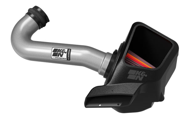 K&N Engineering aluminum cold air intake for Jeep Grand Cherokee 2011-2021 NextGen model, showing the sleek intake design.