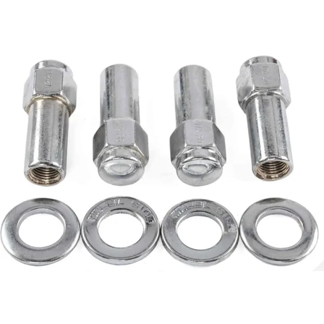 Chrome Weld closed end lug nuts, 12mm x 1.5 thread shank seat, shown in a 4-pack, designed for secure wheel attachment.