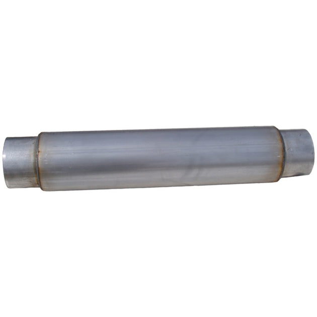 MBRP universal muffler with 5-inch inlet and outlet, 24-inch body, 31-inch overall length, aluminized steel construction.