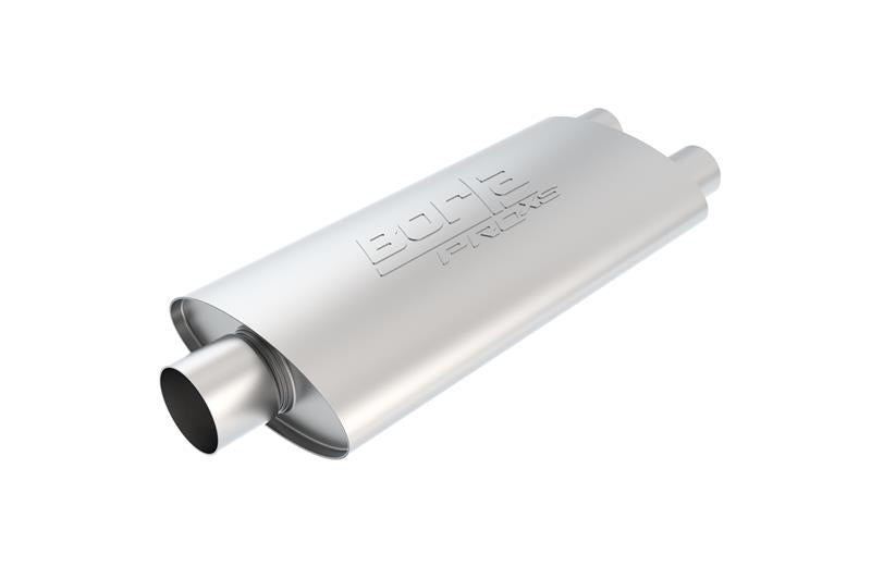 Borla 3-inch inlet dual 2.25-inch outlet oval ProXS muffler with dual outlets and polished metal finish.