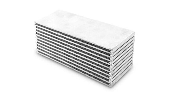 Vibrant 12-inch by 5-inch water to air intercooler core with 5-inch thickness, showing finned cooling surface and metal end tanks.