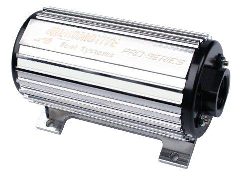 Aeromotive Pro-Series fuel pump for EFI or carbureted engines, shown with metal body and fittings, designed for high-performance applications.