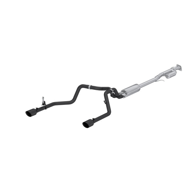 MBRP aluminum 3-inch black cat-back exhaust on Chevrolet Silverado 1500 and GMC Sierra 1500 trucks, showing the sleek exhaust system.