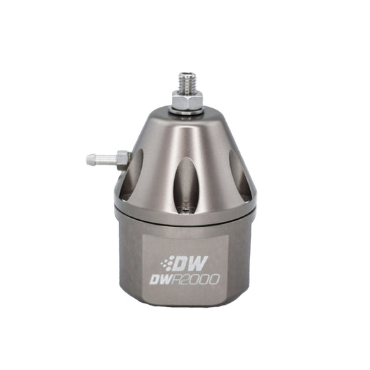 DeatschWerks DWR2000 titanium adjustable fuel pressure regulator for high-performance automotive fuel systems.