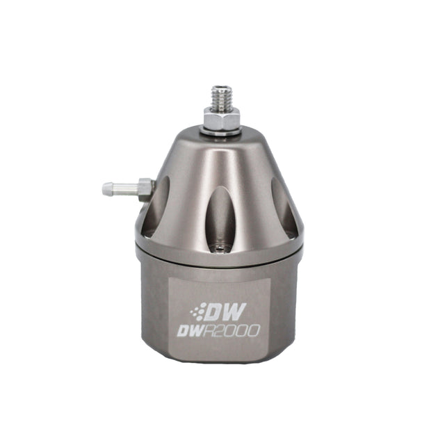 DeatschWerks DWR2000 titanium adjustable fuel pressure regulator for high-performance automotive fuel systems.
