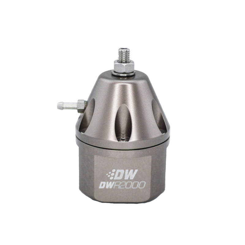 DeatschWerks DWR2000 titanium adjustable fuel pressure regulator for high-performance automotive fuel systems.