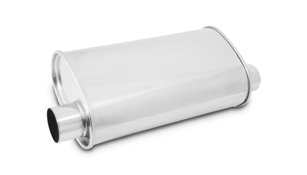 Vibrant StreetPower oval muffler with 5x9x15 inch size and 2.5-inch inlet and outlet, offset-offset side configuration, black finish