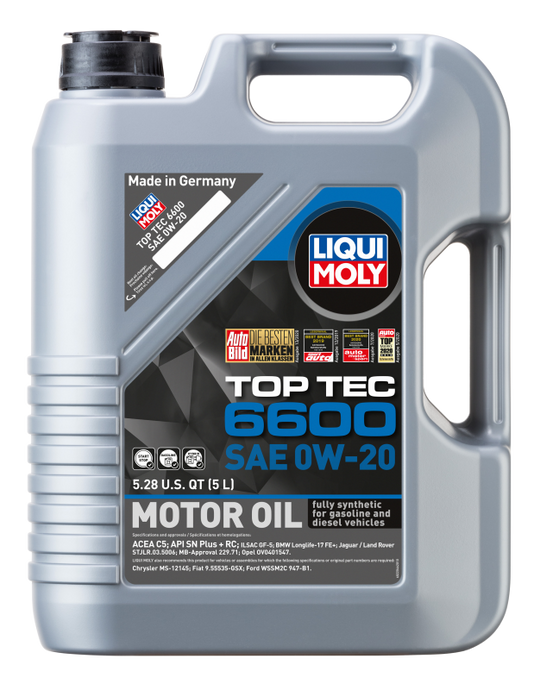 LIQUI MOLY Top Tec 6600 5L motor oil SAE 0W20 container, suitable for engine lubrication and high-performance vehicles