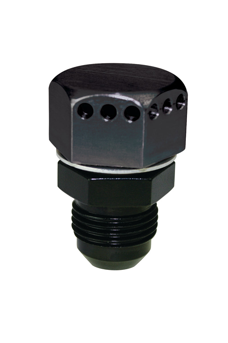 Moroso Positive Seal Vented Fitting -10AN Male aluminum fitting for automotive or racing applications, showing the vented design.
