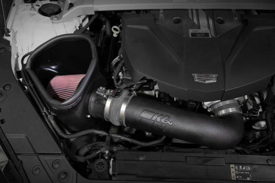 K&N Engineering cold air intake system for Cadillac CT5 6.2L V8 engine, showing the high-performance air filter and intake tubing.