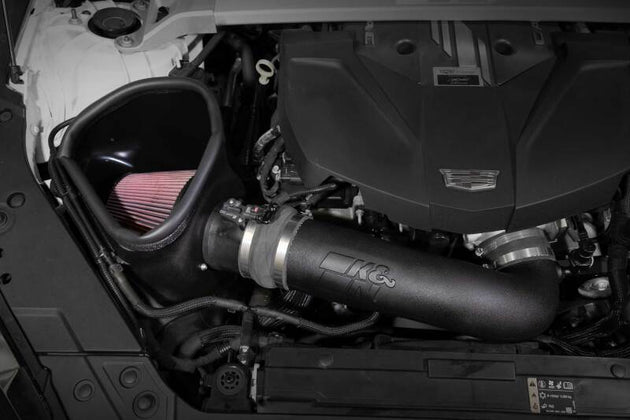 K&N Engineering cold air intake system for Cadillac CT5 6.2L V8 engine, showing the high-performance air filter and intake tubing.