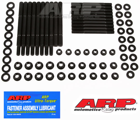 ARP Ford Modular 4.6L/5.4L 3V 4-Bolt main stud and bolt kit with windage tray for engine assembly, shown on a clean workbench.
