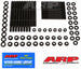 ARP Ford Modular 4.6L/5.4L 3V 4-Bolt main stud and bolt kit with windage tray for engine assembly, shown on a clean workbench.