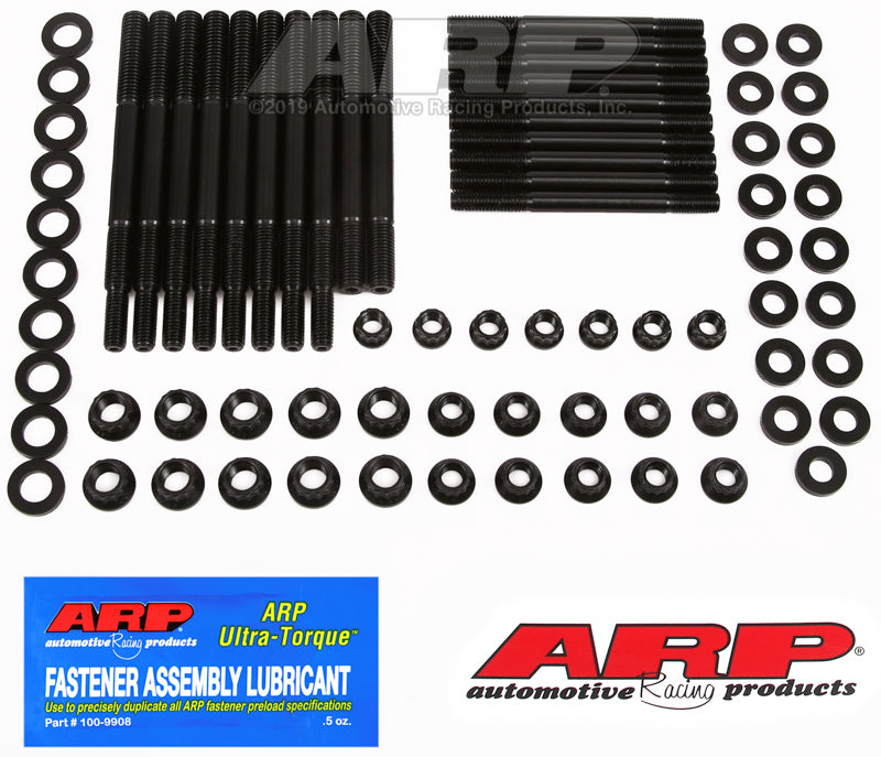 ARP Ford Modular 4.6L/5.4L 3V 4-Bolt main stud and bolt kit with windage tray for engine assembly, shown on a clean workbench.