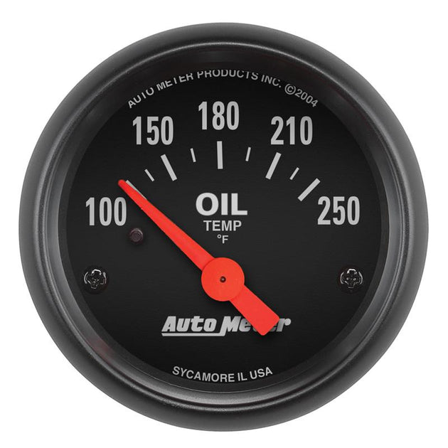AutoMeter Z-Series 52mm oil temperature gauge showing temperature range from 100 to 250°F with a sleek black dial.