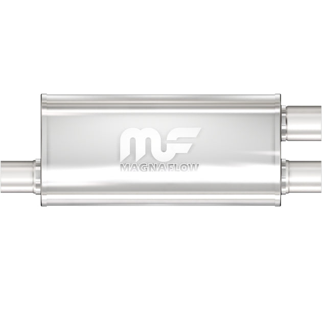 MagnaFlow Mag SS muffler with 18x5x8 inch dimensions, featuring dual 2.5 and 2.25 inch inlet and outlet pipes, metal construction.