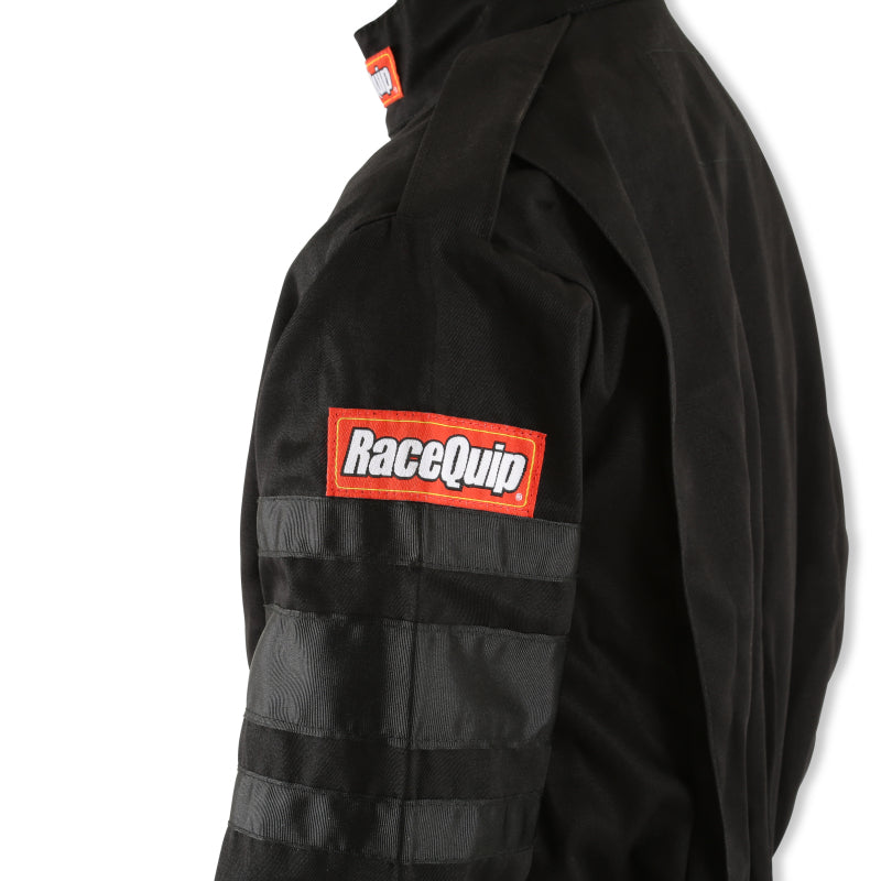 RaceQuip Black SFI-1 1-L racing suit in medium size, made of durable fabric with racing suit design and branding details.