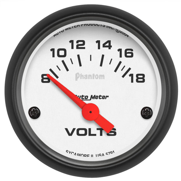 AutoMeter Phantom 52mm electronic voltmeter gauge displaying voltage levels for 8-18V automotive applications.