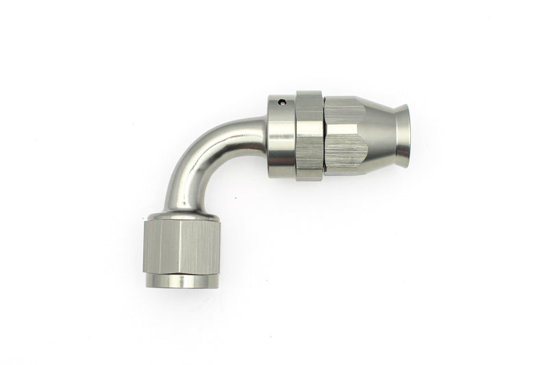 DeatschWerks 8AN female swivel 90-degree hose end fitting with PTFE material and olive insert for fuel or oil lines.