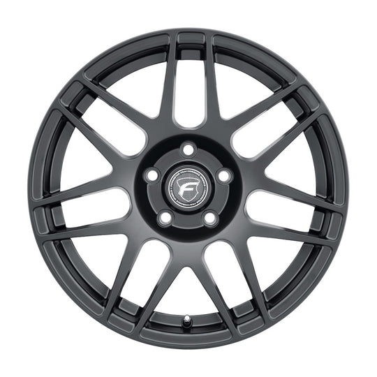 Forgestar F14 Drag 17x4.5 Satin Black cast wheel with 5x120.65 bolt pattern, ET-26 offset, and 1.7-inch backspacing.