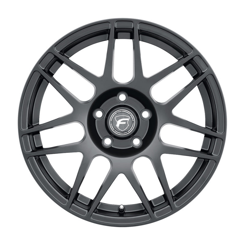 Forgestar F14 Drag 18x5.0 satin black cast wheel with 5x114.3 bolt pattern, ET-23 offset, and 2.125-inch backspacing.