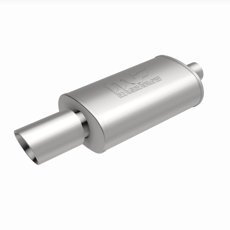 MagnaFlow muffler with tip, model RS 14X5X8, featuring dual inlet and outlet, stainless steel construction, and polished finish.