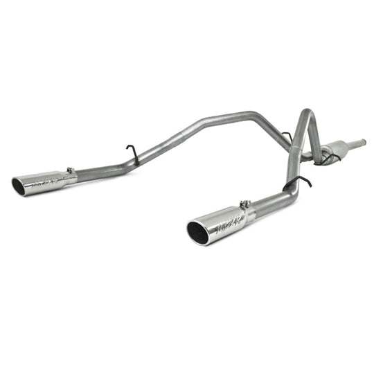 MBRP catback exhaust system for 2009 Chevy/GMC 1500 4.8L/5.3L, dual split rear design, shown installed on truck.