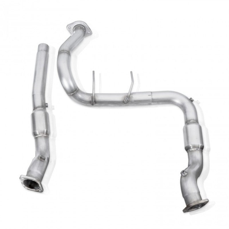 Stainless Works high-flow catalytic downpipe for 2017 Ford F-150 Raptor 3.5L with factory connection, showcasing the durable metal construction.