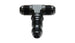 Vibrant black anodized bulkhead adapter tee fitting, 3AN size, used in automotive or industrial fluid connections.