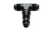 Vibrant black -10AN bulkhead adapter tee fitting in anodized black, showing detailed view of fitting with threaded ends.