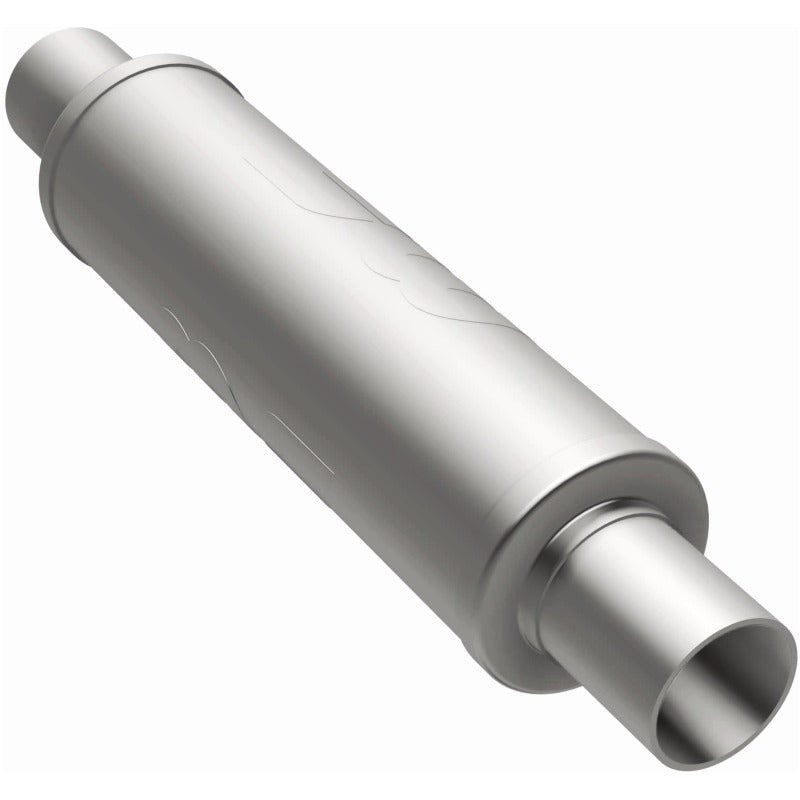 MagnaFlow Mag SS muffler with 14x4x4 inch dimensions and dual 2.25x2.25 inch inlet/outlet pipes, showcasing polished stainless steel finish.