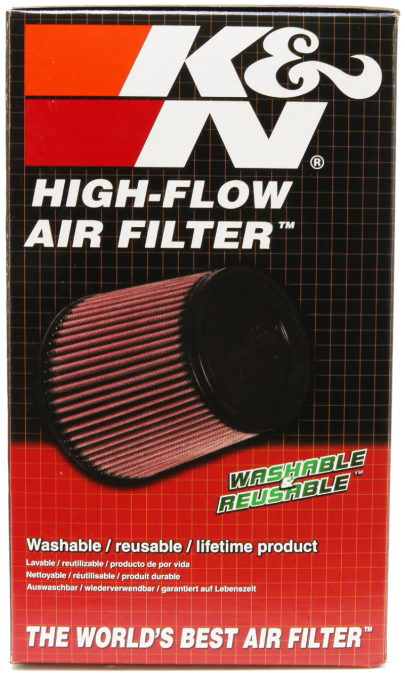 K&N Engineering oval drop-in air filter with black rubber frame and pleated cotton filter media, measuring 8.785x5.25 inches.