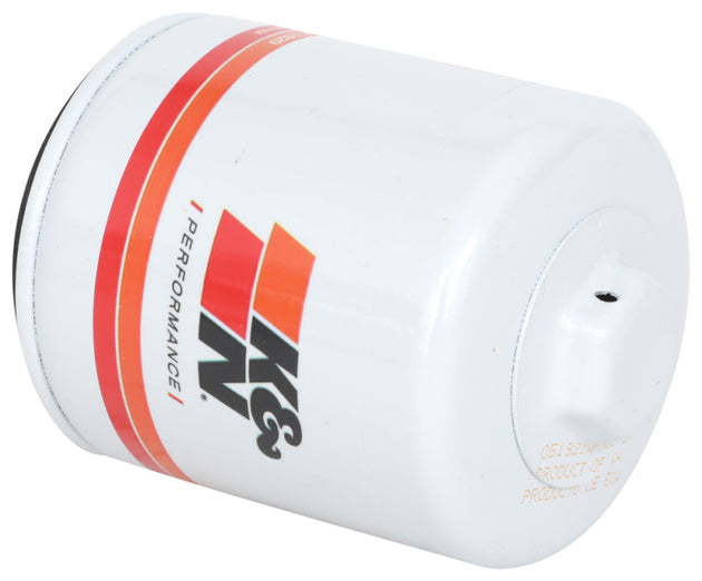 K&N Engineering premium wrench-off oil filter with metal canister and threaded fitting, ideal for automotive oil changes.