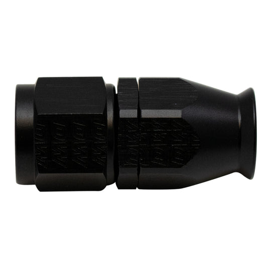 DeatschWerks 8AN female swivel straight hose end fitting with PTFE liner and olive insert, anodized matte black finish.