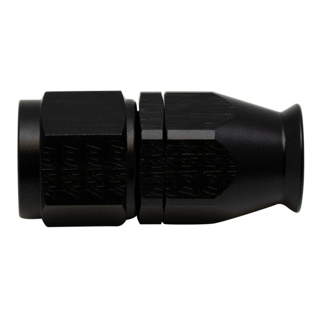 DeatschWerks 8AN female swivel straight hose end fitting with PTFE liner and olive insert, anodized matte black finish.