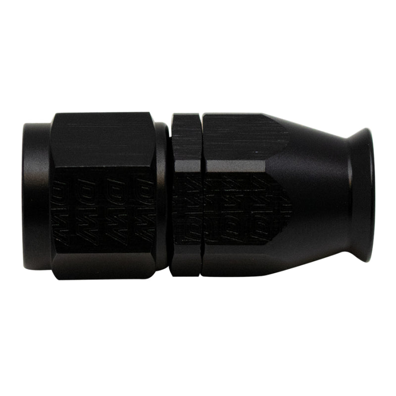 DeatschWerks 8AN female swivel straight hose end fitting with PTFE liner and olive insert, anodized matte black finish.