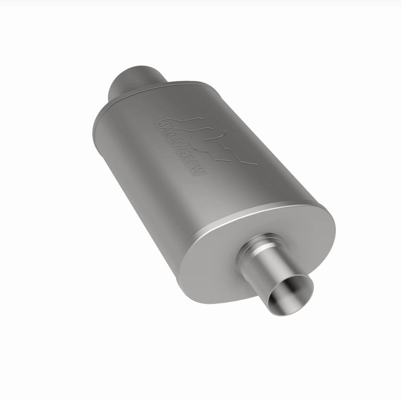 MagnaFlow stainless steel muffler with tip, 14x5x8 inches, featuring dual inlet and outlet pipes for car exhaust systems.