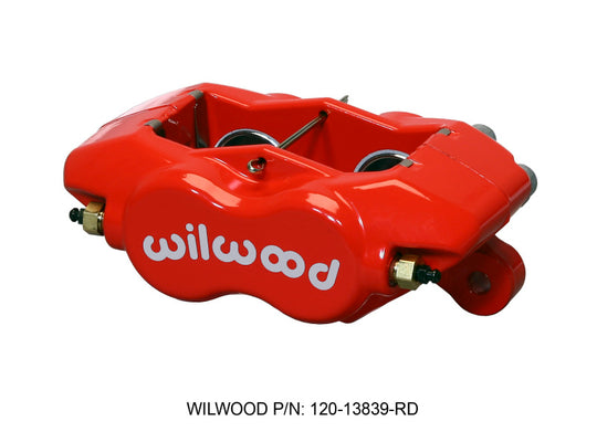 Wilwood forged Dynalite red brake caliper with 1.38-inch pistons and .81-inch disc for high-performance braking system.
