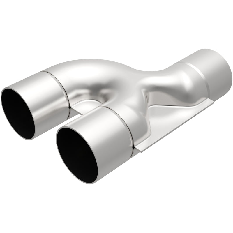 MagnaFlow Y Pipe, 2.50-inch stainless steel, smooth transition, 90-degree angle for automotive exhaust systems.