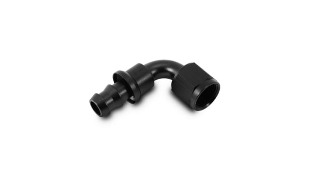 Vibrant aluminum -4AN push-on 90-degree hose end fitting, black finish, designed for high-performance automotive fluid connections.