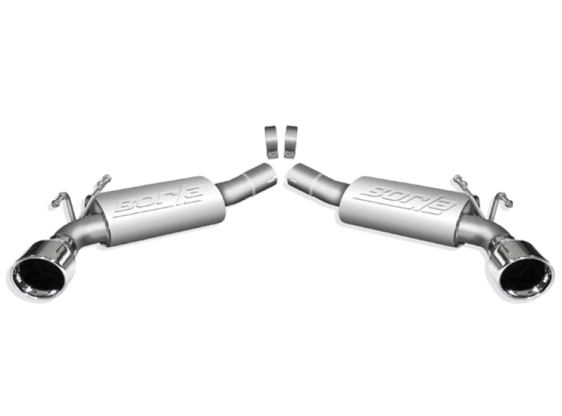 Borla axle back exhaust rear section for 2010 Camaro 6.2L V8, stainless steel, with polished tips and dual outlet design.
