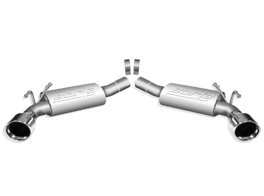 Borla axle back exhaust system for 2010 Camaro 6.2L V8, rear section with polished metal tips and exhaust pipes.